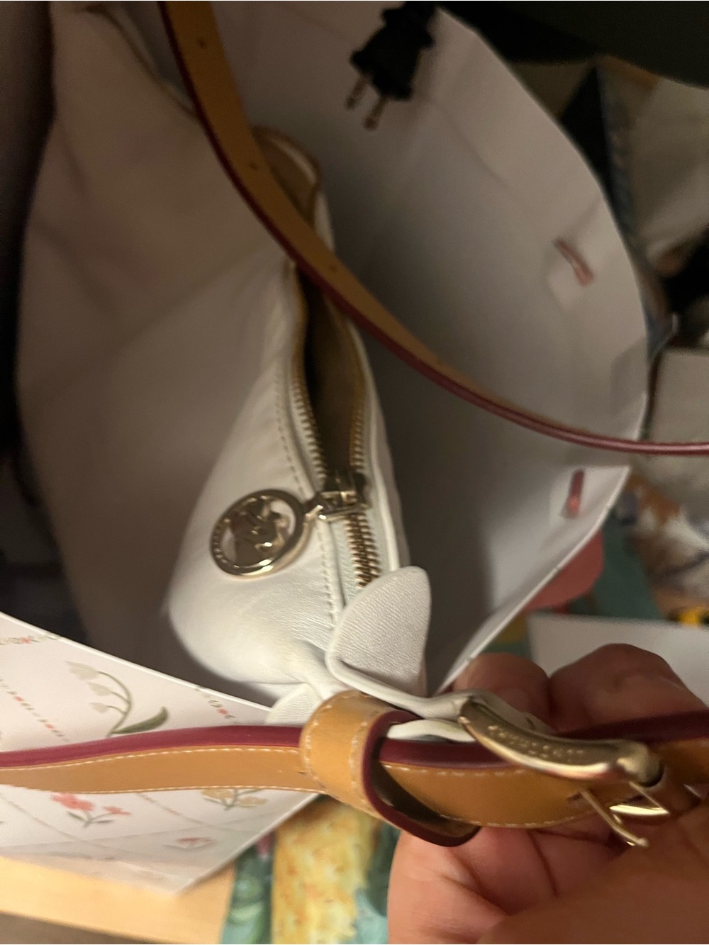 White Crescent Shoulder Bag with Tan Strap - Picture 5 of 11